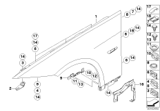 Крыло Пд/дополнительные элементы для BMW E93 330d M57N2 (схема запасных частей)