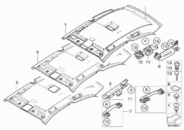 Потолок / поручень для BMW E81 118i N43 (схема запчастей)