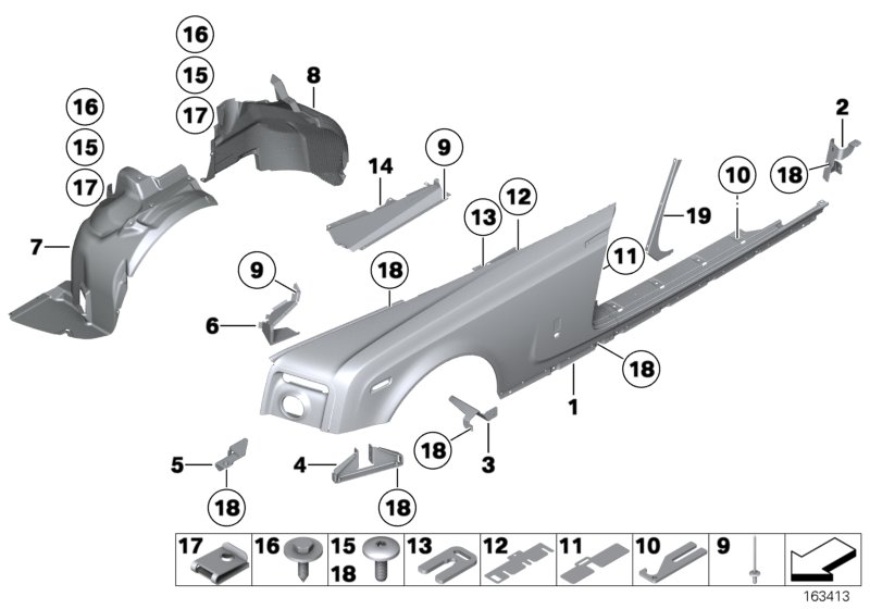 Переднее крыло/порог для ROLLS-ROYCE RR2 Drophead N73 (схема запчастей)