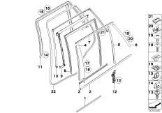 Накладки и уплотнения двери Зд для BMW E70 X5 M S63 (схема запасных частей)