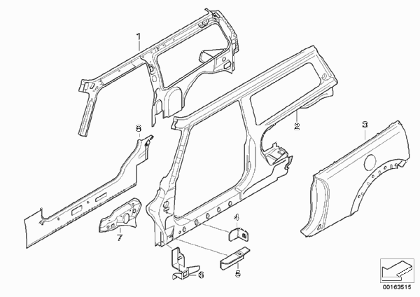 Детали бокового каркаса Л для BMW R55 Coop.S JCW N14 (схема запчастей)