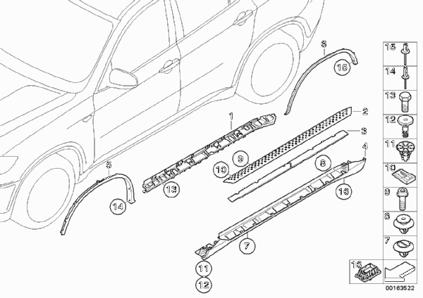 Накладка порога / арки колеса, подножка для BMW E71 X6 50iX N63 (схема запчастей)