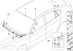 Остекление, дополнительные элементы для BMW E71 X6 30dX N57 (схема запасных частей)