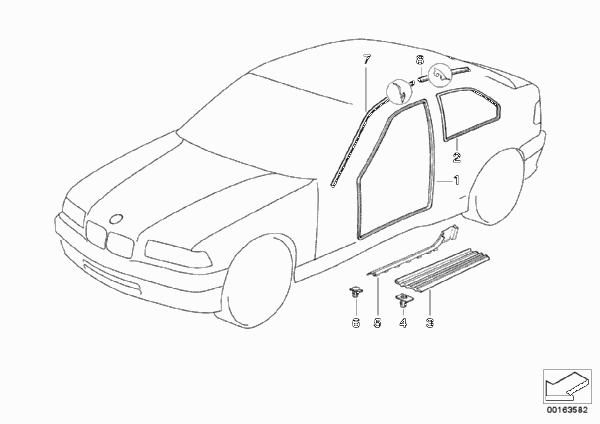 Защитная окантовка/накладка порога для BMW E36 318ti M44 (схема запчастей)