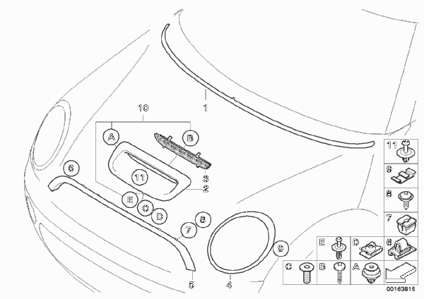 Наружные накладки / декоративные решетки для BMW R57 Cooper S N14 (схема запчастей)