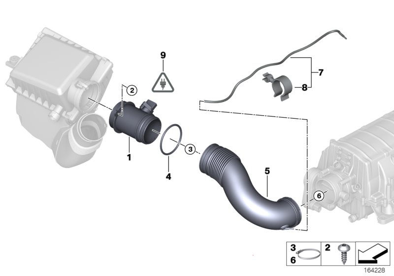 Термоанемометрический расходомер воздуха для BMW E53 X5 4.8is N62 (схема запчастей)