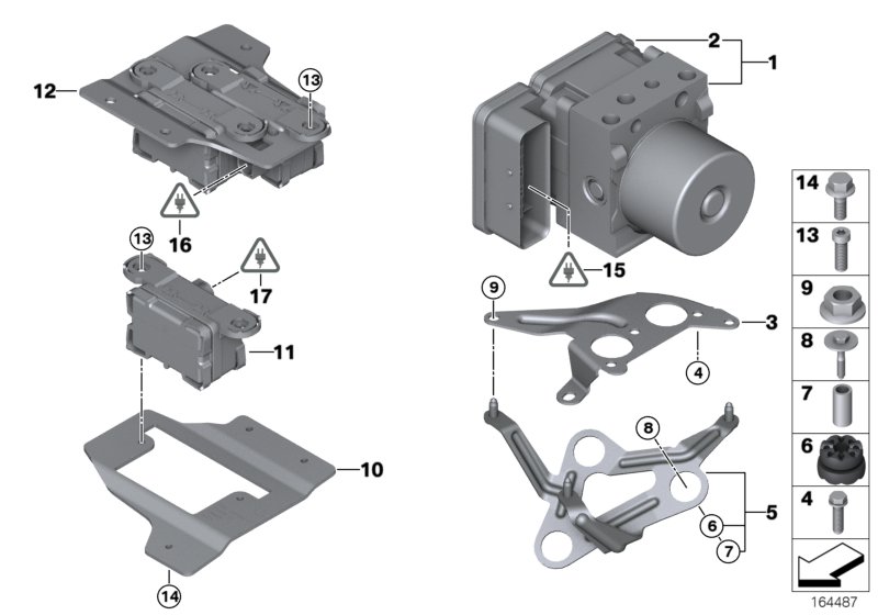 Гидроагрегат DSC/крепление/датчики для BMW E88 120i N43 (схема запчастей)
