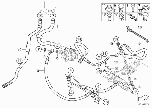 Маслопроводы гидроусилителя рул.управл. для BMW E61N 520i N43 (схема запчастей)