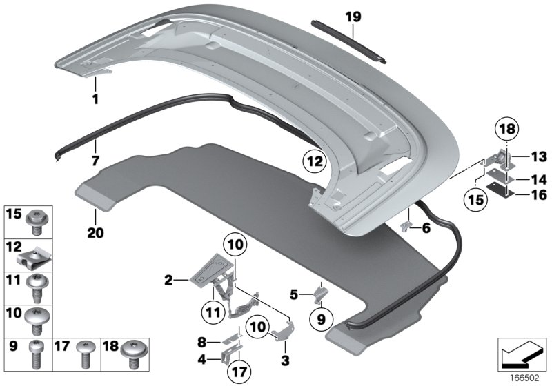 Крышка отделения для складного верха для BMW RR2N Drophead N73 (схема запчастей)