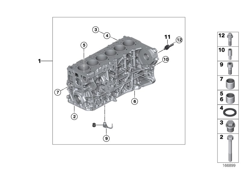 Блок-картер двигателя для BMW F12 640dX N57Z (схема запчастей)
