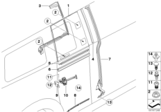 Накладки и уплотнения двери Зд для BMW R55N Coop.S JCW N14 (схема запасных частей)