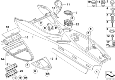 Центр.консоль/кронштейн и облицовка для BMW E64N 630i N52N (схема запасных частей)