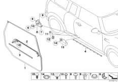 Накладки и уплотнения двери Пд для BMW R55N Cooper N16 (схема запасных частей)