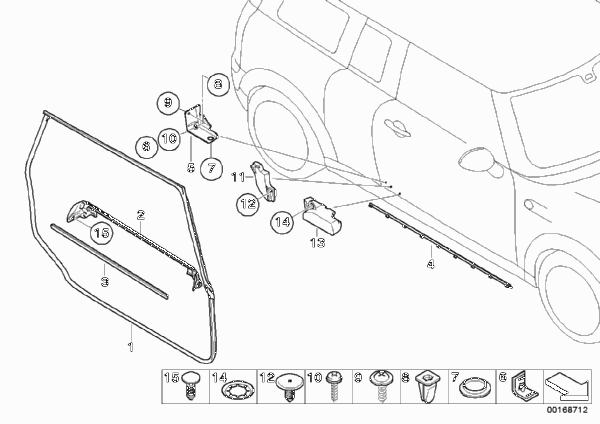 Накладки и уплотнения двери Пд для BMW R55N Cooper S N18 (схема запчастей)