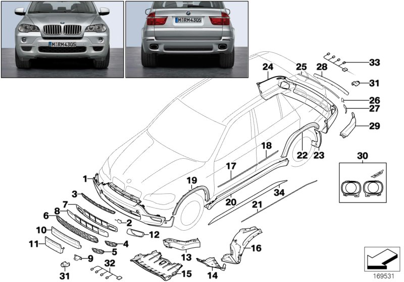 Дооснащение аэродинам.комплектом M для BMW E70 X5 3.0sd M57N2 (схема запчастей)