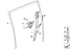 Механизм перемещения стекла двери Зд для BMW E71 X6 35dX M57N2 (схема запасных частей)