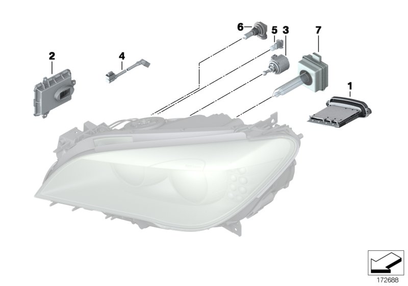 Фары: электронные детали/лампы для BMW F02 730Li N52N (схема запчастей)
