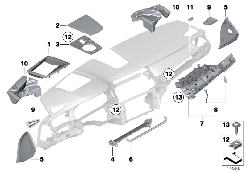 Доп.элементы панели приборов Вх для BMW F01 740i N54 (схема запчастей)