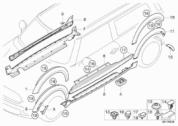 Накладка порог / арка колеса для MINI R55N Coop.S JCW N18 (схема запчастей)