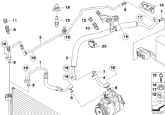 Трубопроводы хладагента для BMW E61 530xd M57N2 (схема запасных частей)