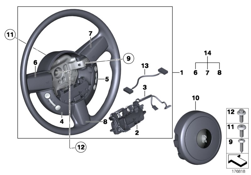 Многофункциональное рулевое колесо с НПБ для BMW RR2 Drophead N73 (схема запчастей)