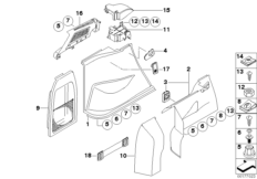 Обшивка багажного отделения Бок для BMW E83 X3 2.0i N46 (схема запасных частей)