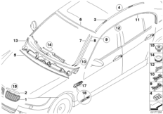 Наружн.наклад/дек.решетка/упл.прокладки для BMW E90 323i N52 (схема запасных частей)