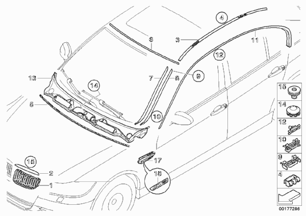 Наружн.наклад/дек.решетка/упл.прокладки для BMW E90 318i N46N (схема запчастей)