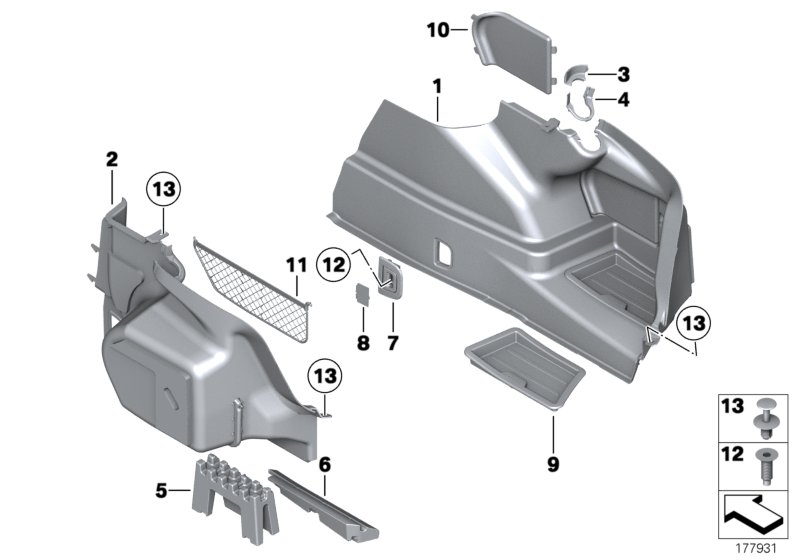 Обшивка багажного отделения Бок для BMW F01 740i N54 (схема запчастей)