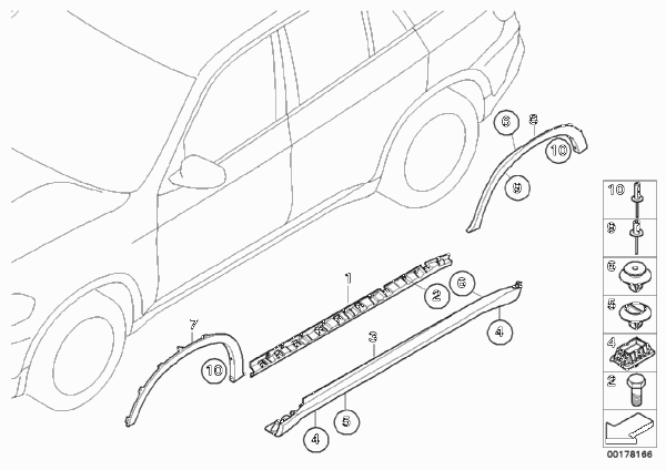 Накладка порог / арка колеса для BMW E70N X5 40iX N55 (схема запчастей)
