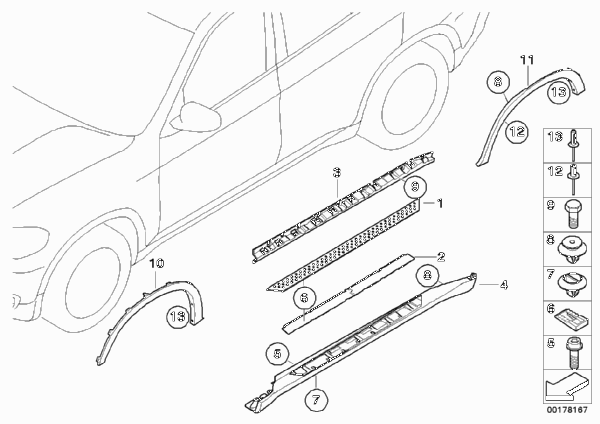 Накладка порога / арки колеса, подножка для BMW E70 X5 3.0sd M57N2 (схема запчастей)