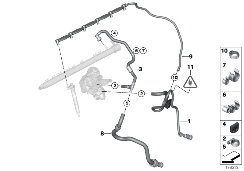 Топливопроводы/элементы крепления для BMW F34 330d N57N (схема запчастей)