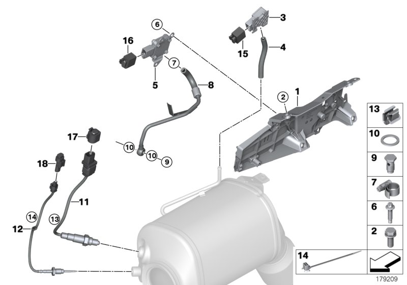 Датчики саж. фильтра/дополн.элементы для BMW F11 525d N57 (схема запчастей)