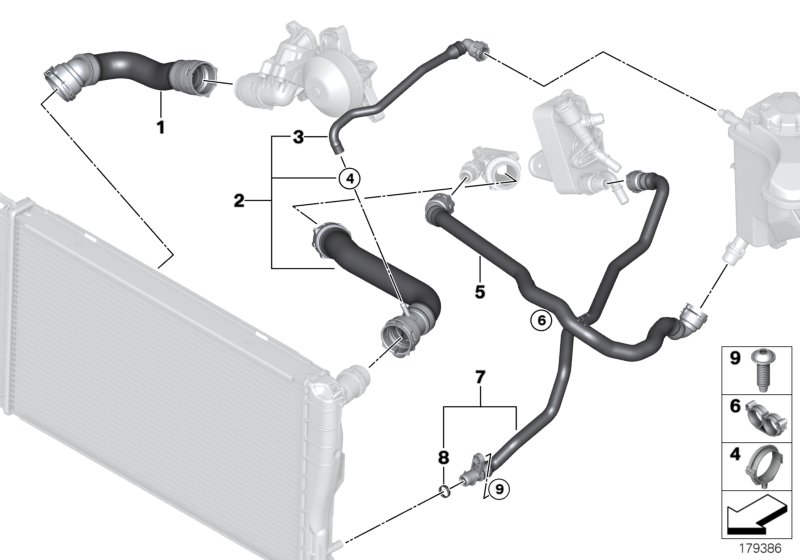Водяной шланг системы охлаждения для BMW E92 330xd N57 (схема запчастей)