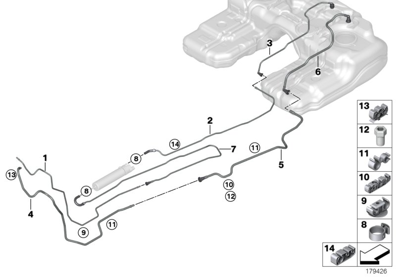 Топливопроводы/элементы крепления для BMW F15 X5 30dX N57N (схема запчастей)