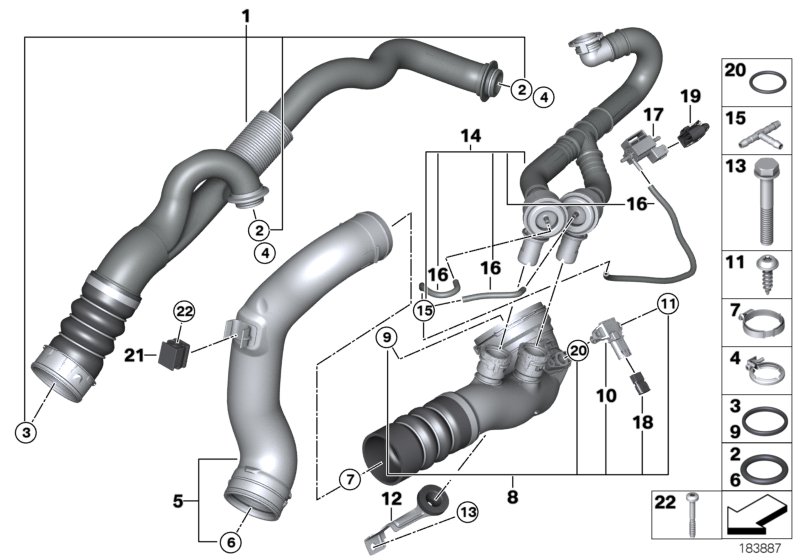 Воздуховод наддувочного воздуха для BMW F01 740i N54 (схема запчастей)