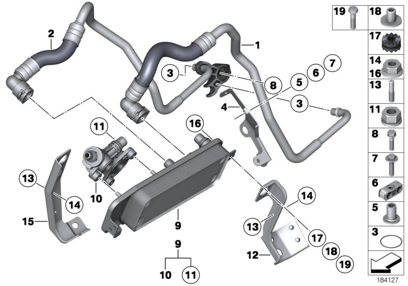 Теплообменник/трубопровод радиатора КПП для BMW F07N 535iX N55 (схема запчастей)