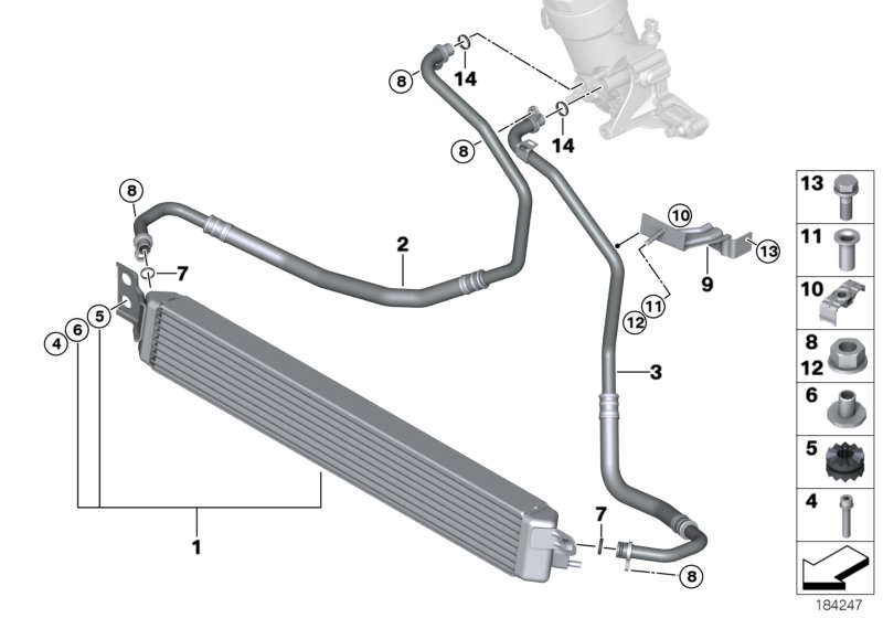 Маслян.радиатор/трубопр.масл.радиатора для BMW E93 M3 S65 (схема запчастей)