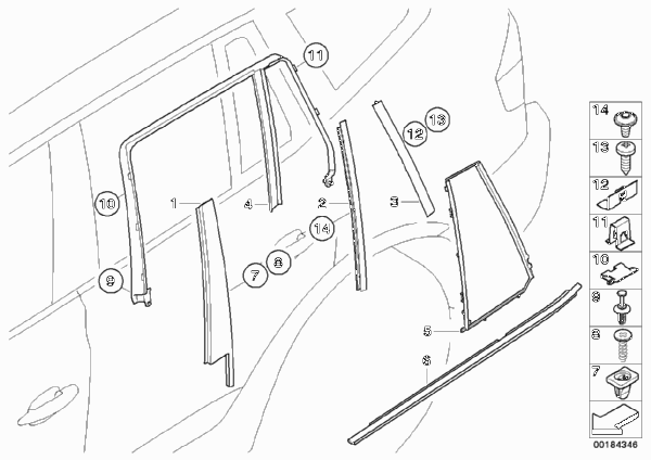Накладки и уплотнения двери Зд для BMW E83 X3 3.0i M54 (схема запчастей)