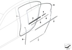 Накладки и уплотнения двери Зд для BMW F02N 730Li N52N (схема запасных частей)