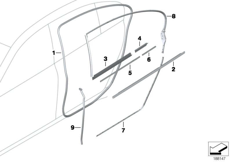Накладки и уплотнения двери Зд для BMW F01 730i N52N (схема запчастей)