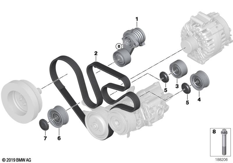 Рем.привод генератора/конд./усилит.руля для BMW F01 740i N54 (схема запчастей)