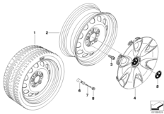 Колесный диск стальной, дизайн 12 для BMW E87 120d M47N2 (схема запасных частей)