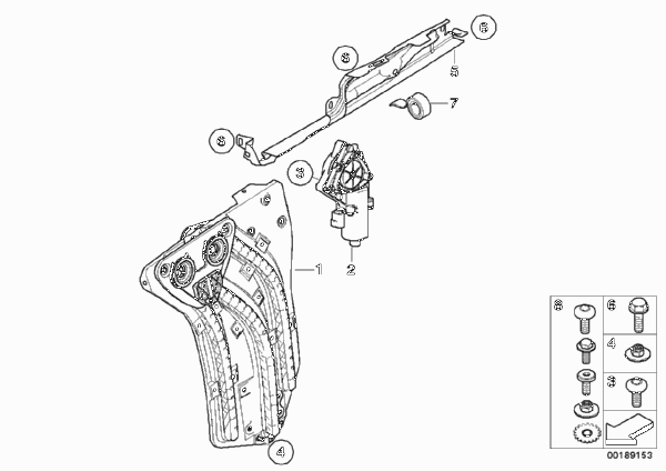 Механизм перемещения стекла двери Зд для BMW R57N Cooper S N18 (схема запчастей)