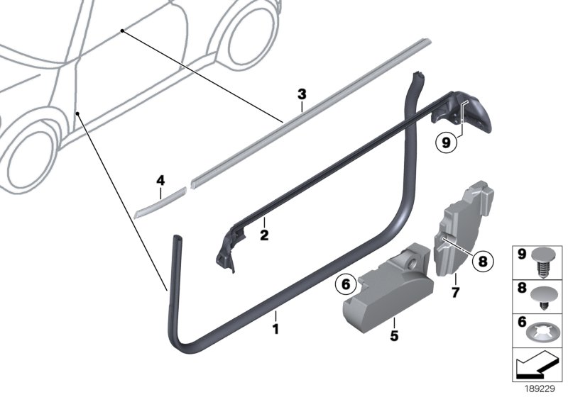 Накладки и уплотнения двери Пд для BMW R57N Cooper N16 (схема запчастей)