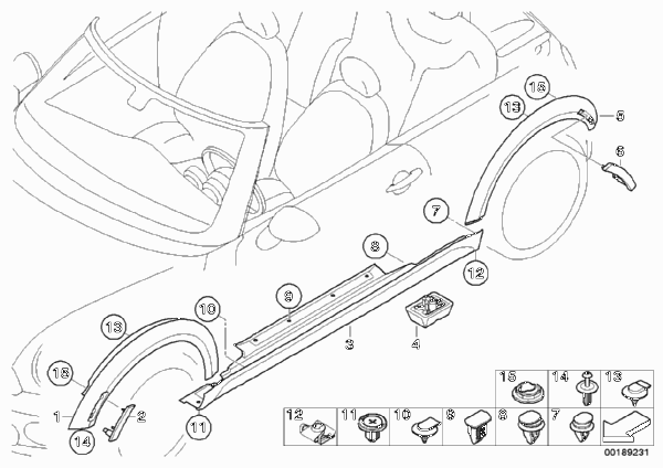 Накладка порог / арка колеса для BMW R57 Coop.S JCW N14 (схема запчастей)