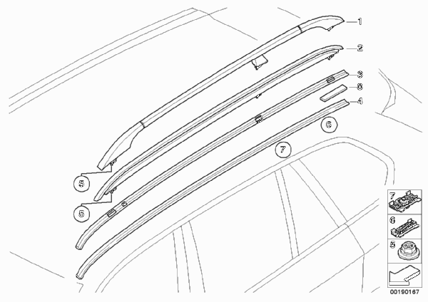 Декоративная планка крыши/леер для BMW E70 X5 M S63 (схема запчастей)