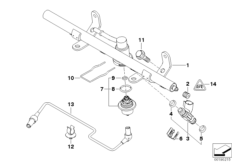 Топливопровод-форсунка для MINI R52 Cooper S W11 (схема запасных частей)