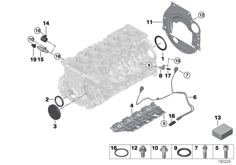 Блок цилиндров/дополнительные элементы для BMW E90 323i N52 (схема запчастей)