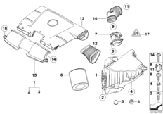 Глушитель шума всас./смен.элем.фил./HFM для BMW E91 320i N46 (схема запасных частей)
